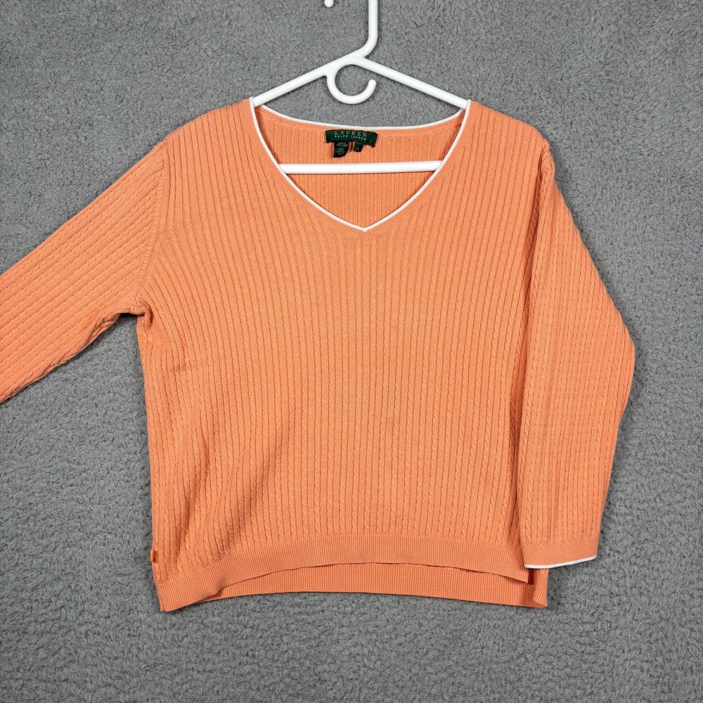 Lauren Ralph Lauren Sweater Womens L Orange V-Neck Cable Knit 3/4 Sleeve Cotton